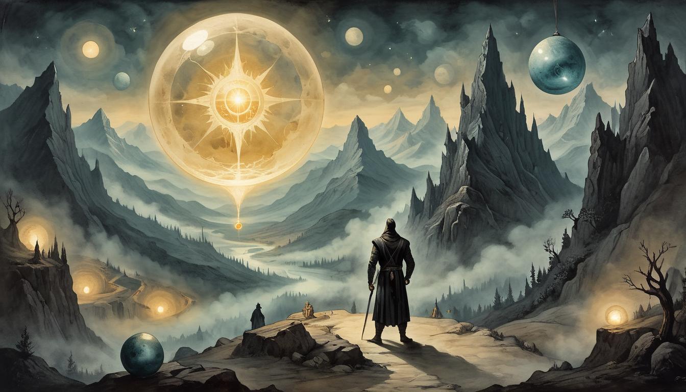  on parchment, surrealism+++, A person holding a glowing orb, dark mountainous backdrop, figures in the background seem distant and fading, symbolism of power and separation, mysterious and solemn(mysterious, provocative, symbolic,muted color)+++