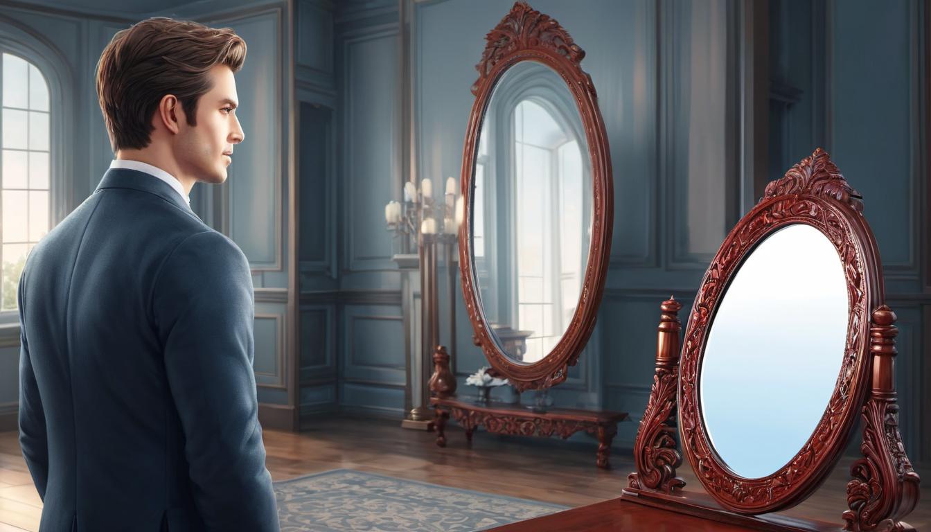  digital illustration, A mirror, reflecting a confident person standing tall with a gentle smile, surrounding environment transitions from dark to light as the person's reflection remains focused, internal focus, self improvement, inner strength, tranquility, looking at viewer, dynamic pose, (intricate details, masterpiece, best quality)