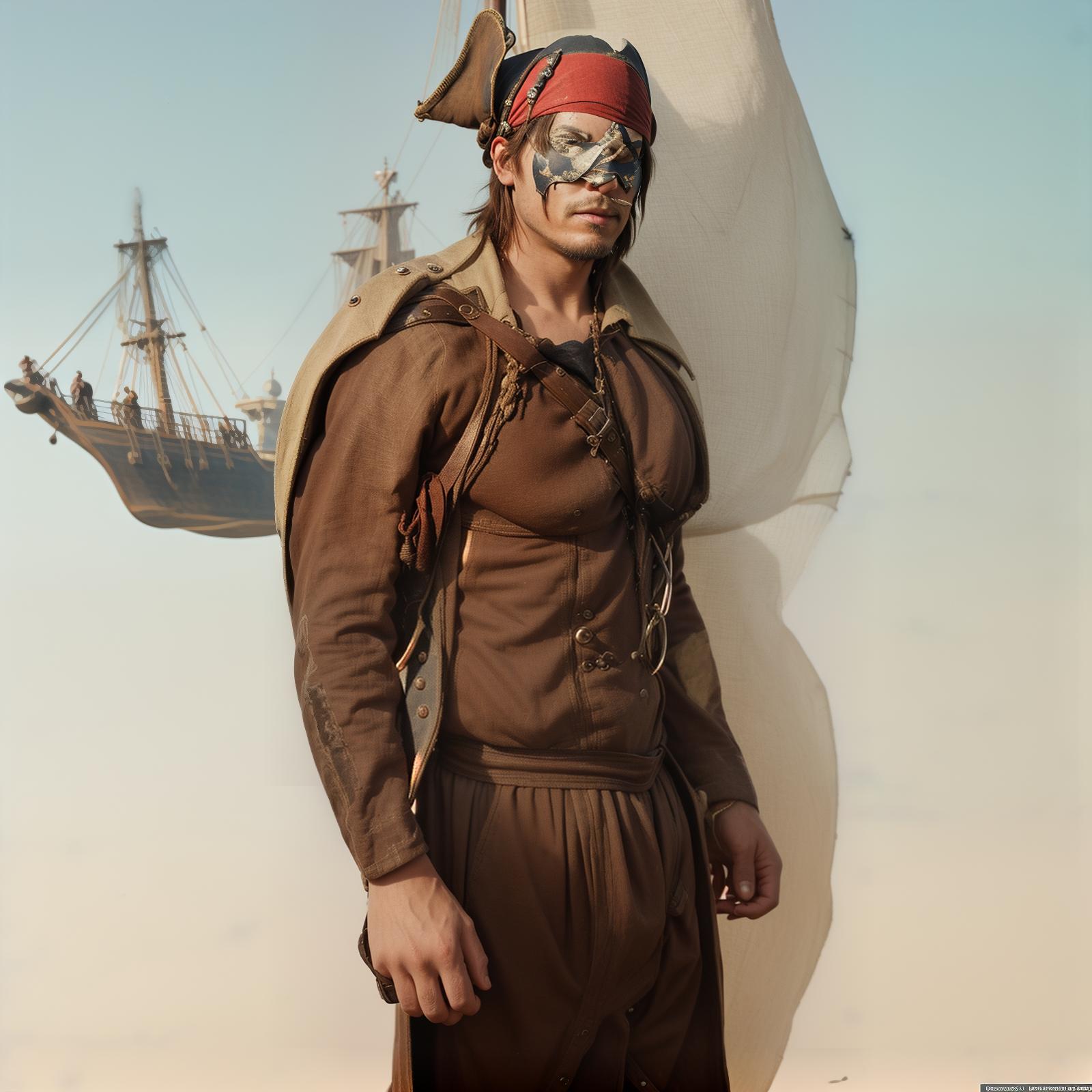  Transform the uploaded photo of a person into an image of a pirate. Add pirate themed elements such as an eye patch, a tricorn hat, a parrot on the shoulder, a pirate coat, and a background featuring a pirate ship or a treasure island. The final image should be vibrant, very detailed