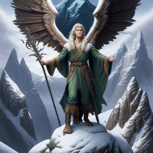  80's fantasy art, A tall, lean sorcerer with long arms and a pointed nose, training on a mountain platform. He wields an ancient, glowing staff with mystical runes and practices druidic spells. The background features tall, snow-capped peaks and a majestic griffon sitting nearby. The atmosphere is serene yet intense, capturing the sorcerer's concentration.