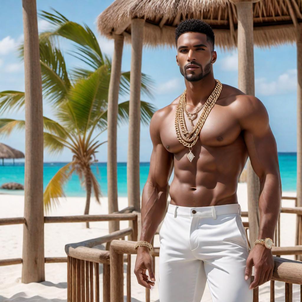  A male model at a beach gazebo wearing a diamond-clustered Cuban link chain. The beach is scenic with crystal-clear waters, white sand, and palm trees. The gazebo provides shade with a rustic wooden structure. The model is casually dressed, showcasing the chain prominently. hyperrealistic, full body, detailed clothing, highly detailed, cinematic lighting, stunningly beautiful, intricate, sharp focus, f/1. 8, 85mm, (centered image composition), (professionally color graded), ((bright soft diffused light)), volumetric fog, trending on instagram, trending on tumblr, HDR 4K, 8K