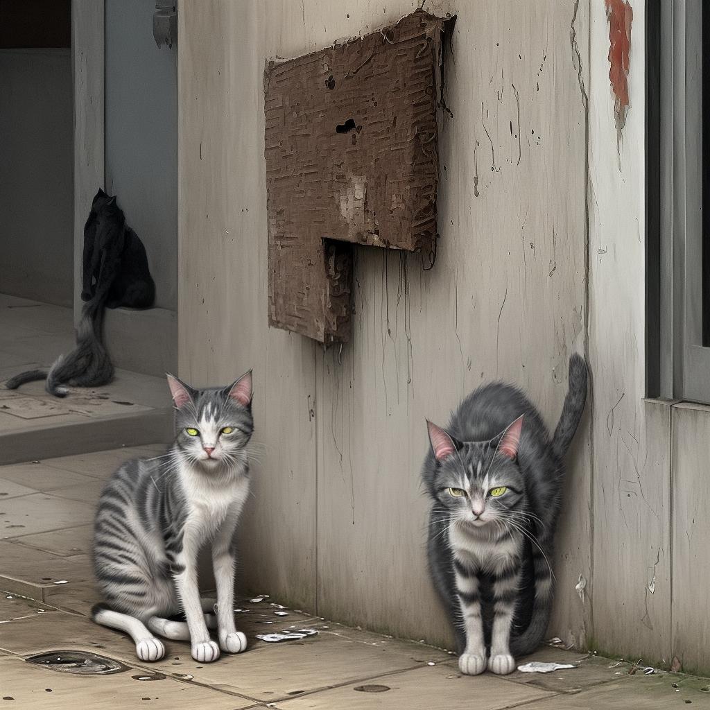  A sad, hungry stray cat with tears streaming down its face. The cat looks thin, disheveled, and pitiful, with a sorrowful expression.