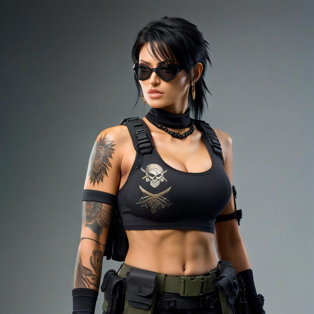  A girl pirate in a black tank top and tactical gear, wearing body armor over it. Face and appearance like the character "Yor" from the anime Man Eater Bug. Her hands are covered in tattoos. There's an armband on her arm and dark glasses., FILM PHOTOGRAPHY STYLE hyperrealistic, full body, detailed clothing, highly detailed, cinematic lighting, stunningly beautiful, intricate, sharp focus, f/1. 8, 85mm, (centered image composition), (professionally color graded), ((bright soft diffused light)), volumetric fog, trending on instagram, trending on tumblr, HDR 4K, 8K