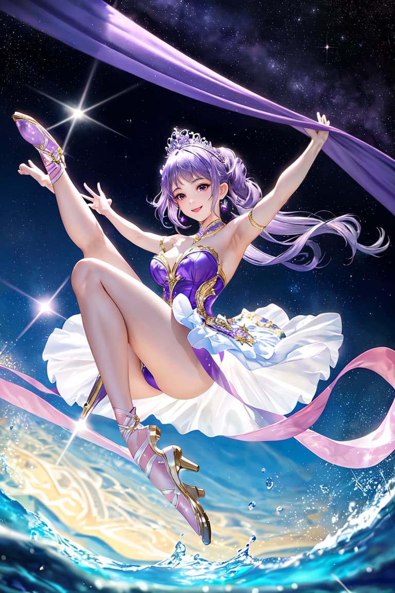  master piece , best quality,The beautiful ballerina wears a gorgeous purple ballet tutu and a tiara, and dances gracefully in the sea of ​​stars.fullbody leg up smile blue sky