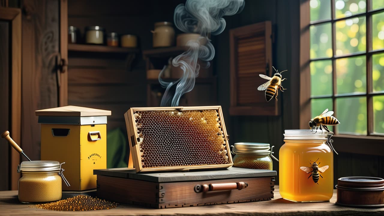  An educational display of beekeeping equipment laid out on a wooden table, including a smoker, hive tool, brush, and protective gear. Each item is meticulously illustrated with attention to detail, set against a rustic backdrop. Intricate, highly detailed, sharp focus, illustration, digital painting by artgerm and greg rutkowski, in the style of Mid Century Modern, 4K UHD image. hyperrealistic, full body, detailed clothing, highly detailed, cinematic lighting, stunningly beautiful, intricate, sharp focus, f/1. 8, 85mm, (centered image composition), (professionally color graded), ((bright soft diffused light)), volumetric fog, trending on instagram, trending on tumblr, HDR 4K, 8K