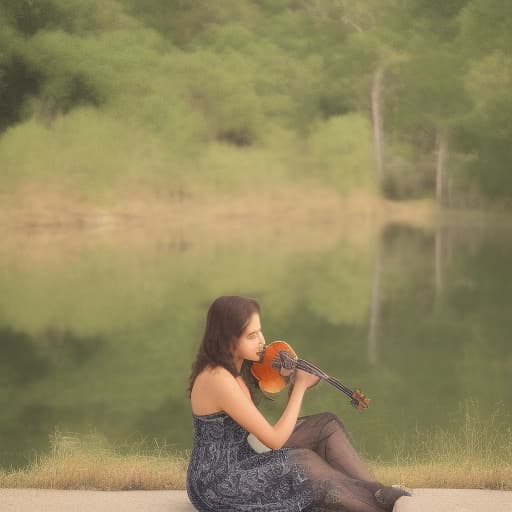 portrait+ style A hot blonde beauty sitting by the lake playing the violin