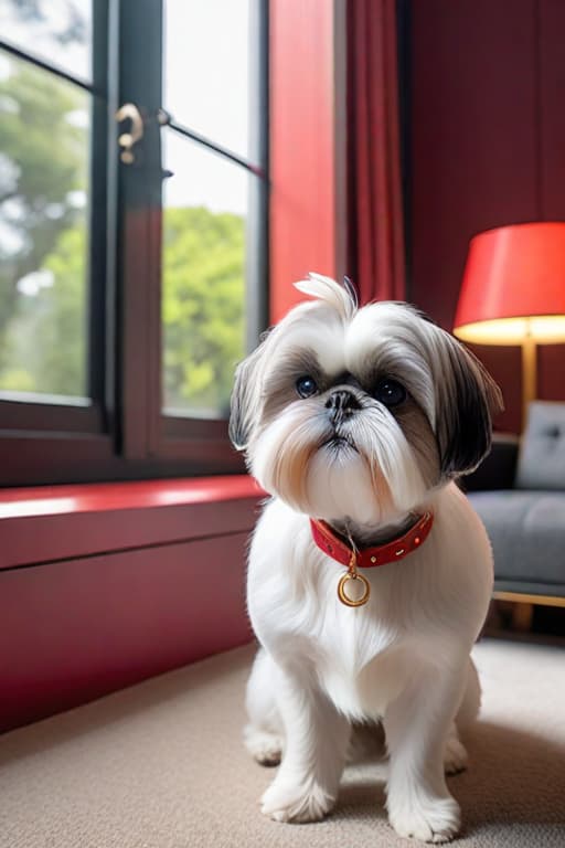  Very cute white Shih Tzu with black ears and markings and a red collar looking longingly out a window of a comfortable modern suburban home. Show part of what he sees. Make what he sees interesting to a dog, such as someone walking a group of dogs or a cat hyperrealistic, full body, detailed clothing, highly detailed, cinematic lighting, stunningly beautiful, intricate, sharp focus, f/1. 8, 85mm, (centered image composition), (professionally color graded), ((bright soft diffused light)), volumetric fog, trending on instagram, trending on tumblr, HDR 4K, 8K