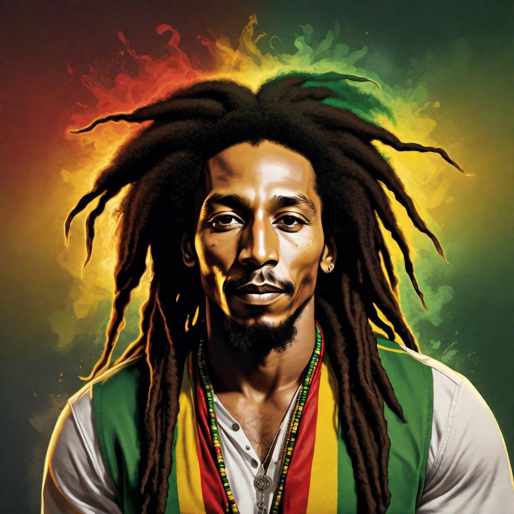  A vibrant, colorful portrait inspired by Bob Marley, capturing his legendary persona. The image should showcase his iconic dreadlocks, soulful eyes, and peaceful yet powerful presence. Incorporate elements of reggae culture such as musical notes, Rastafarian symbols, and a warm color palette featuring greens, yellows, reds, and golds. The background should be a mix of abstract shapes and patterns that evoke a sense of musical rhythm and freedom. hyperrealistic, full body, detailed clothing, highly detailed, cinematic lighting, stunningly beautiful, intricate, sharp focus, f/1. 8, 85mm, (centered image composition), (professionally color graded), ((bright soft diffused light)), volumetric fog, trending on instagram, trending on tumblr, HDR 4K, 8K