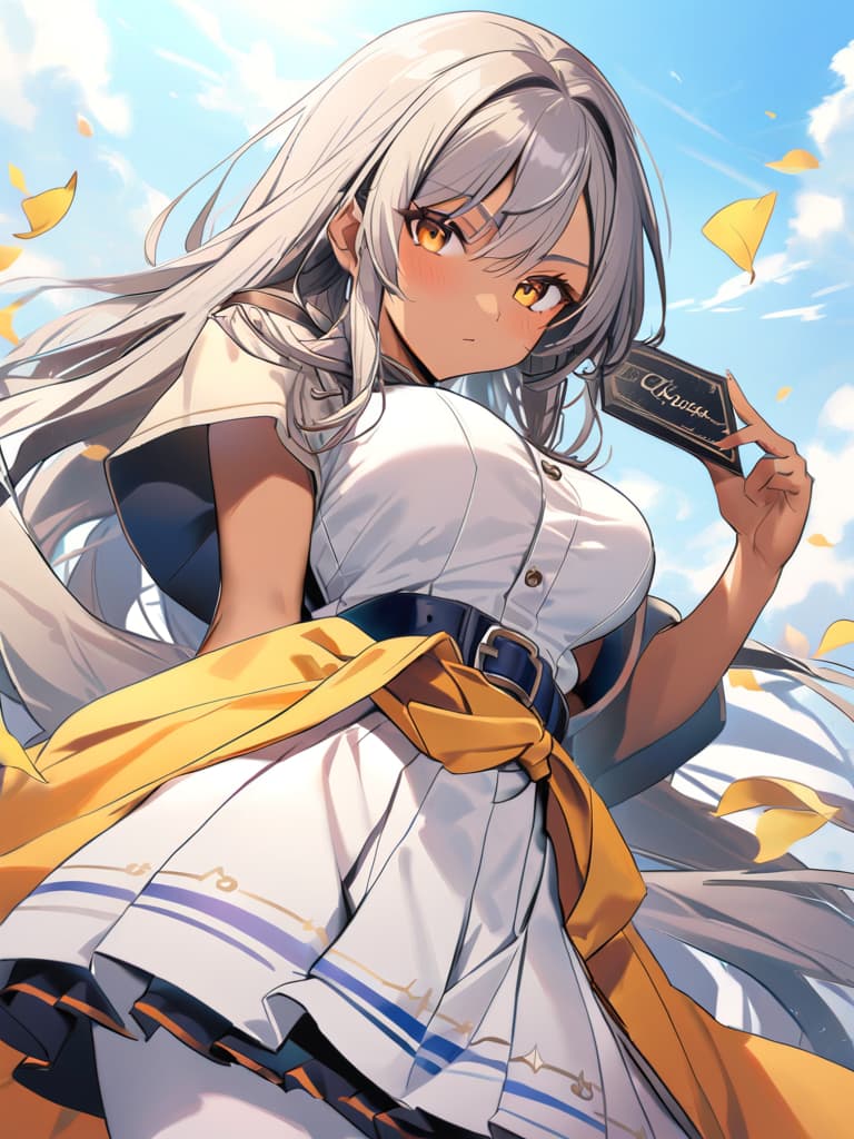  award winning, professional, highly detailed, breathtaking make a strong anime girl with dark skin gray hair yellow eyes