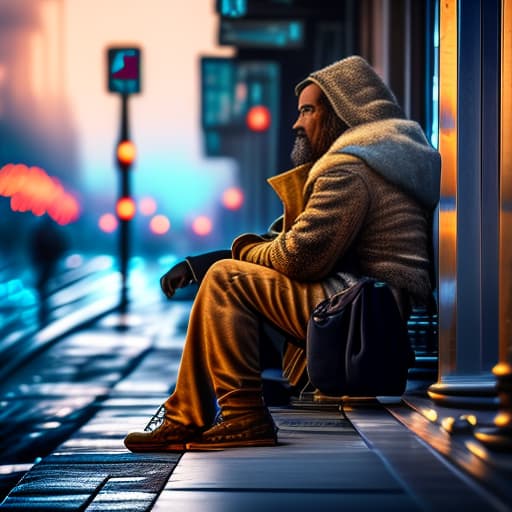 estilovintedois photo about homeless Cinematic Quality hyperrealistic, full body, detailed clothing, highly detailed, cinematic lighting, stunningly beautiful, intricate, sharp focus, f/1. 8, 85mm, (centered image composition), (professionally color graded), ((bright soft diffused light)), volumetric fog, trending on instagram, trending on tumblr, HDR 4K, 8K