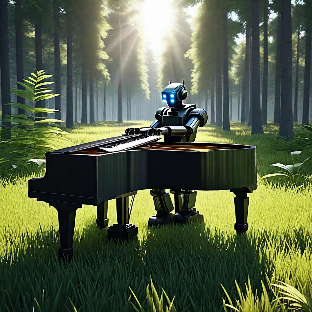  in style of 3D game, An anthropomorphic robot playing a grand piano in a sunlit, serene forest clearing, Minimalist Modern Design