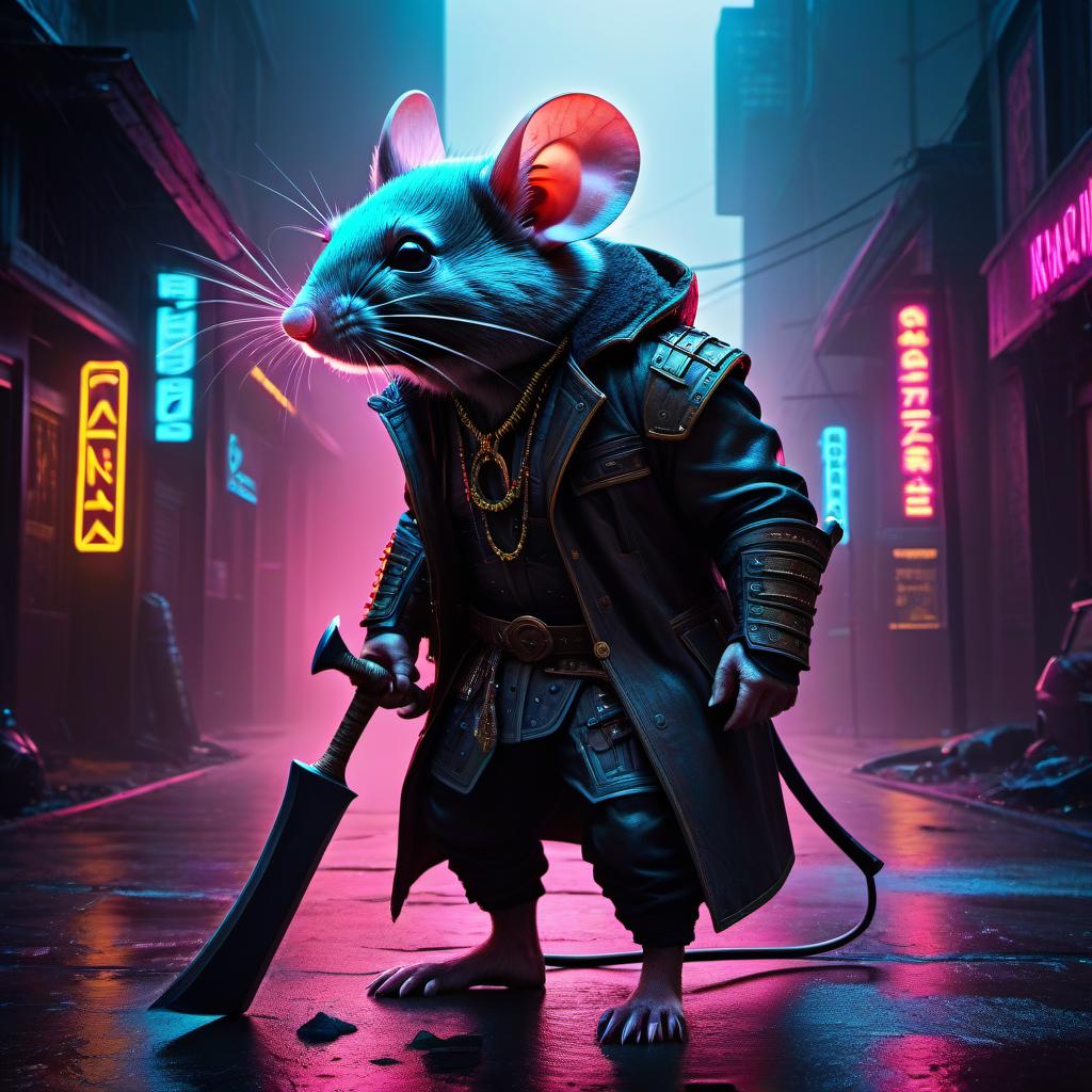  neon noir minimalist drawing, mouse, barbarian, with an axe, sketch, full size, evil, . cyberpunk, dark, rainy streets, neon signs, high contrast, low light, vibrant, highly detailed hyperrealistic, full body, detailed clothing, highly detailed, cinematic lighting, stunningly beautiful, intricate, sharp focus, f/1. 8, 85mm, (centered image composition), (professionally color graded), ((bright soft diffused light)), volumetric fog, trending on instagram, trending on tumblr, HDR 4K, 8K