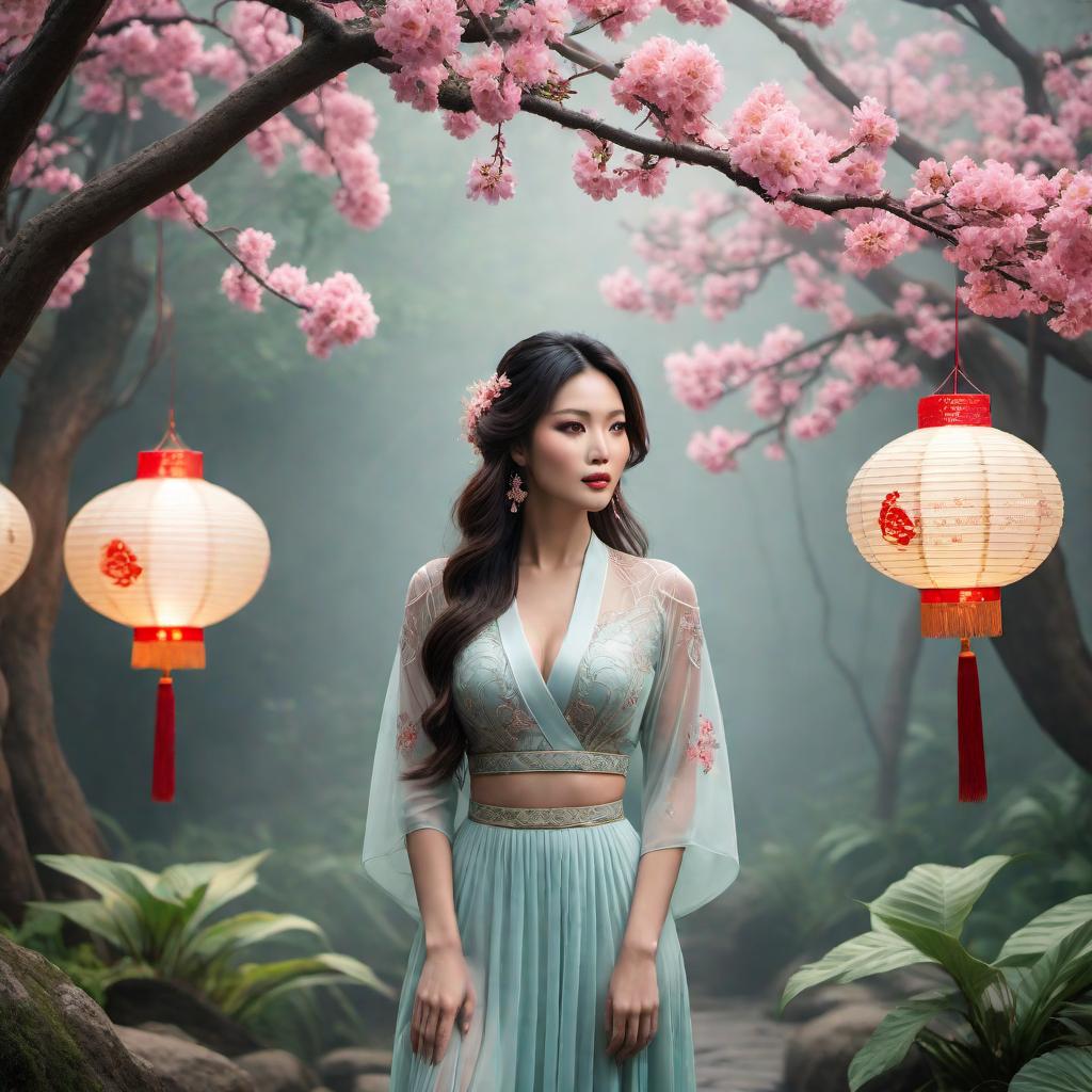  A modern Vietnamese Scorpio female in a dreamy fantasy lofistyle setting. The scene should feature soft, ethereal lighting, whimsical elements like floating lanterns, fantastical flora, and cozy, relaxed décor. The female figure should have an intense, mysterious demeanor, embodying Scorpio traits, and be integrated with modern fashion or accessories that reflect Vietnamese culture. The overall atmosphere should evoke a sense of dreamy tranquility and fantasy. hyperrealistic, full body, detailed clothing, highly detailed, cinematic lighting, stunningly beautiful, intricate, sharp focus, f/1. 8, 85mm, (centered image composition), (professionally color graded), ((bright soft diffused light)), volumetric fog, trending on instagram, trending on tumblr, HDR 4K, 8K