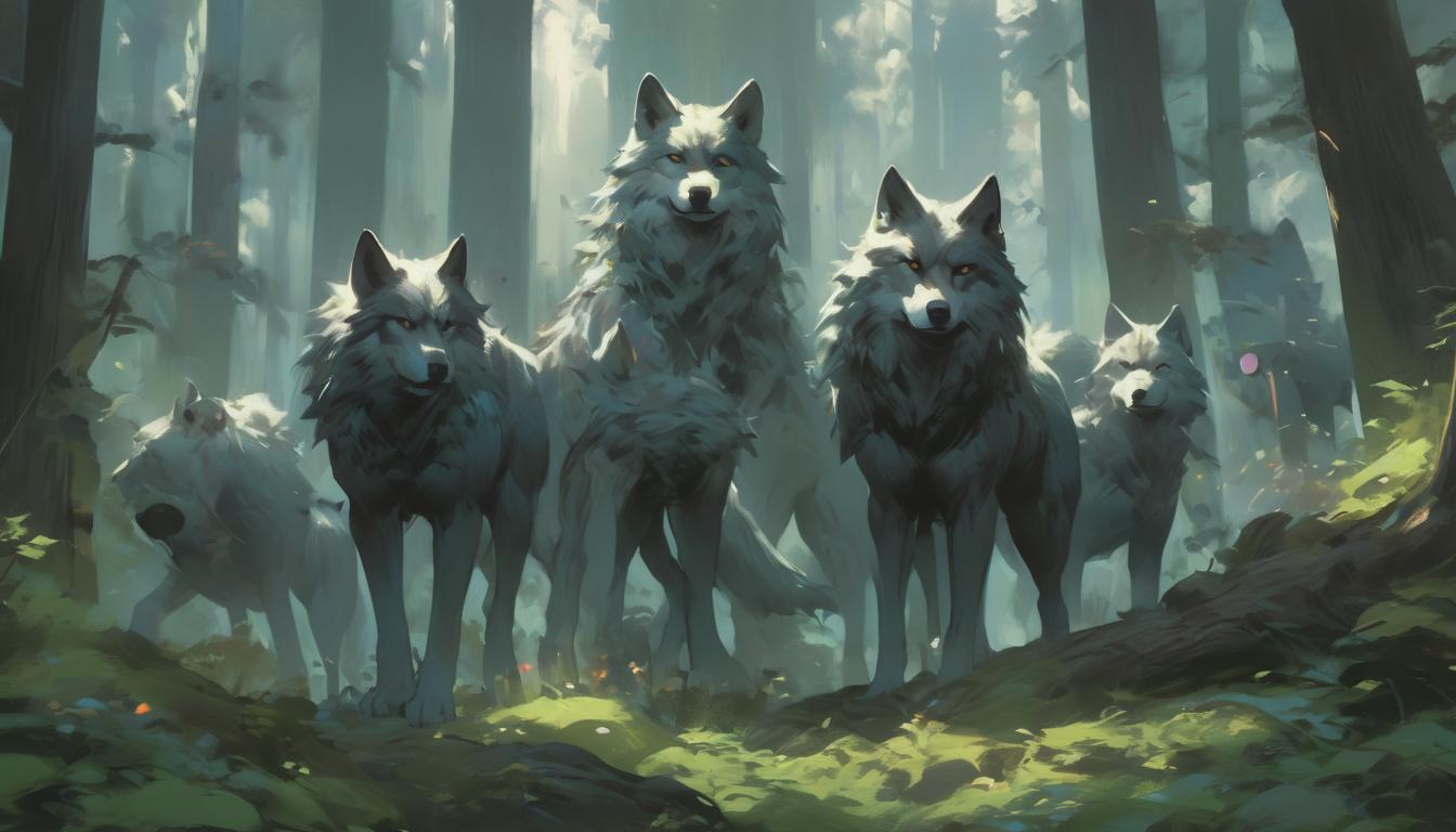  hyperrealism,fantasy aestheticA group of wolves in a forest clearing, one wolf at the center, scene richly detailed with diverse flora, mood of unity, strength, high tech clothing clad in sleek, futuristic costume with metallic accents and form fitting designs, marvel superhero comics style, unreal engine rendering