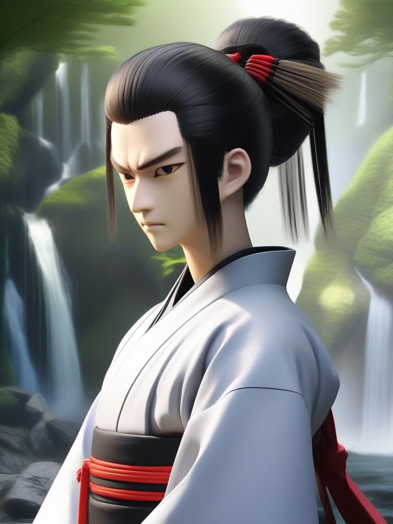  Masterpiece,one male,samurai,cool,face up,hair style:combed back hair,delicate black hair,tied back in one bun,long hair,black crested hakama,waterfall,training,super high quality,16K, masterpiece, best quality,8k,ultra detailed,high resolution,an extremely delicate and beautiful,hyper detail