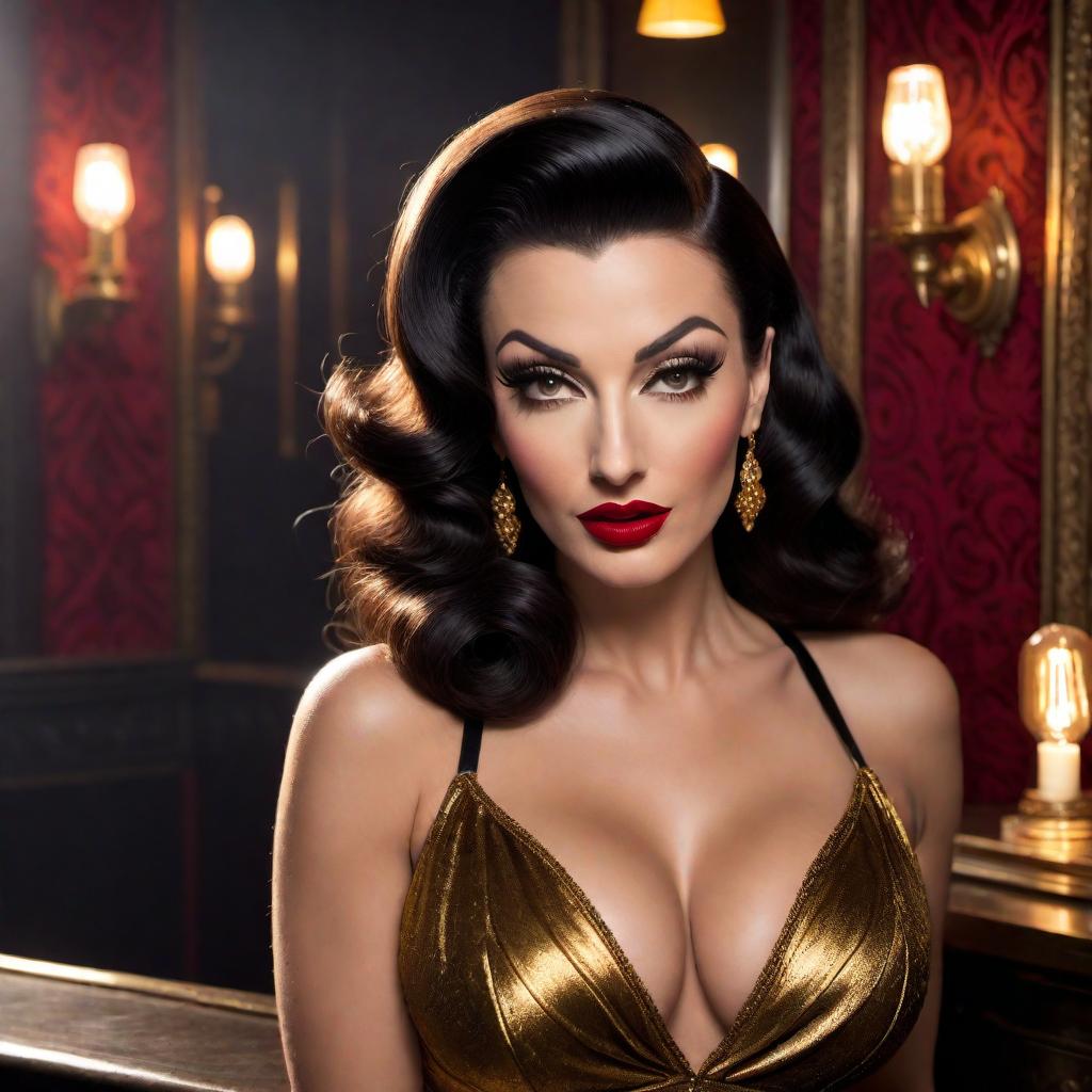  A stunning burlesque dancer in the style of Betty Paige and Norma Jean, with a snarl Mona Lisa smile on her face. She has wavy dark hair, red lipstick, and is dressed in a glamorous black and gold outfit. The background features a vintage keyhole, adding an air of mystery and allure. The scene is set in a 1950s vintage nightclub, with velvet curtains and dim, warm lighting. hyperrealistic, full body, detailed clothing, highly detailed, cinematic lighting, stunningly beautiful, intricate, sharp focus, f/1. 8, 85mm, (centered image composition), (professionally color graded), ((bright soft diffused light)), volumetric fog, trending on instagram, trending on tumblr, HDR 4K, 8K