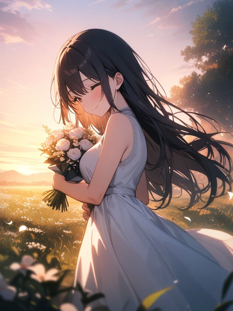  Bouquet, glasses, black hair, long hair, sunset, smiling while shedding tears, white dresses, meadows, masterpiece, best quality,8k,ultra detailed,high resolution,an extremely delicate and beautiful,hyper detail