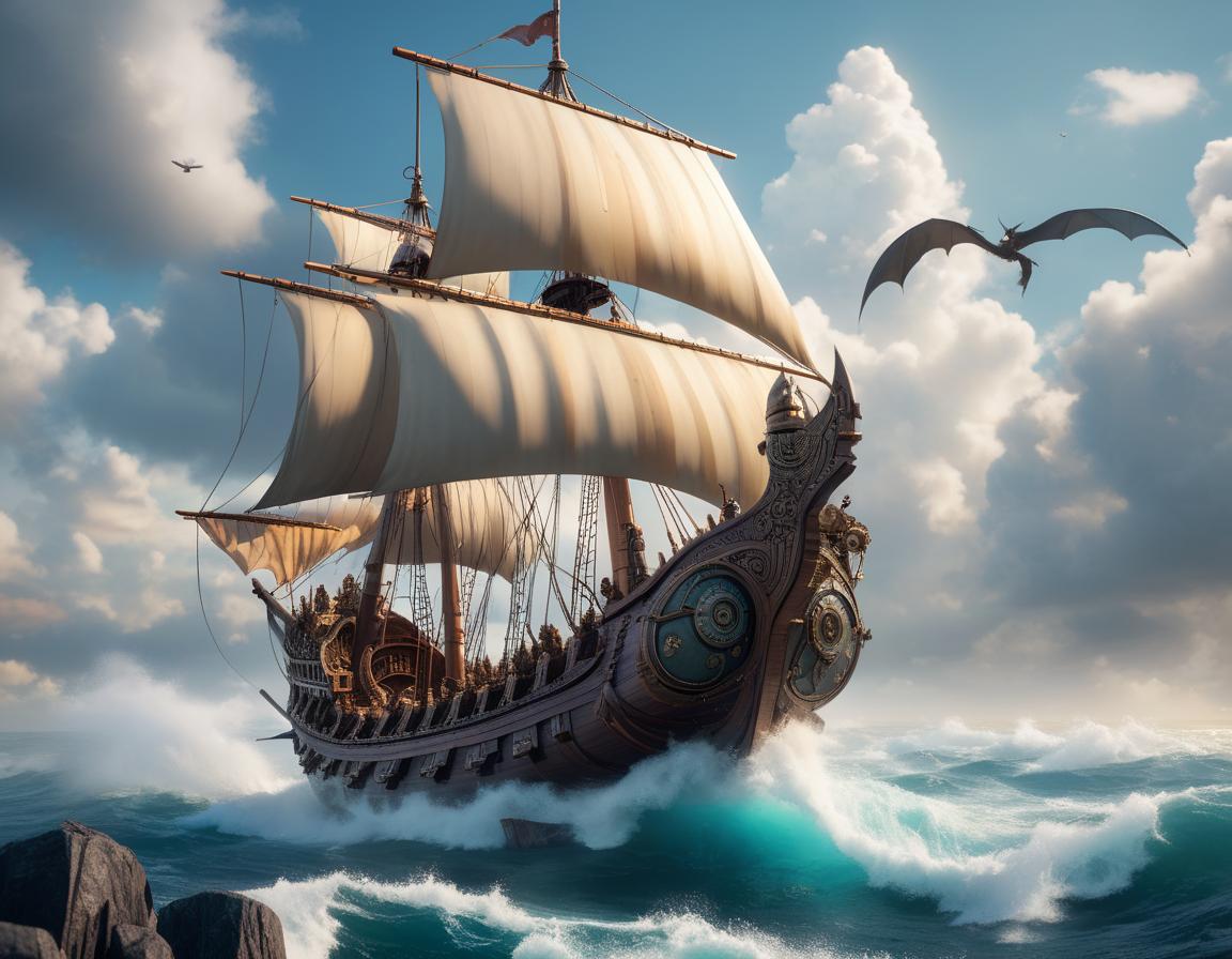  (masterpiece, 10k high resolution, photo realistic:1.3), magical viking ship soaring through the sky, inspired by "How to Train Your Dragon", intricate metallic mechanics, steampunk design elements, dynamic action of sailing among clouds, creative lighting style with ethereal glow highlighting the magical aura, detailed gears and cogs spinning, in the style of J.R.R. Tolkien, Hayao Miyazaki, and Tim Burton, blending fantasy and steampunk aesthetics, trends on ArtStation, Civitai hyperrealistic, full body, detailed clothing, highly detailed, cinematic lighting, stunningly beautiful, intricate, sharp focus, f/1. 8, 85mm, (centered image composition), (professionally color graded), ((bright soft diffused light)), volumetric fog, trending on instagram, trending on tumblr, HDR 4K, 8K