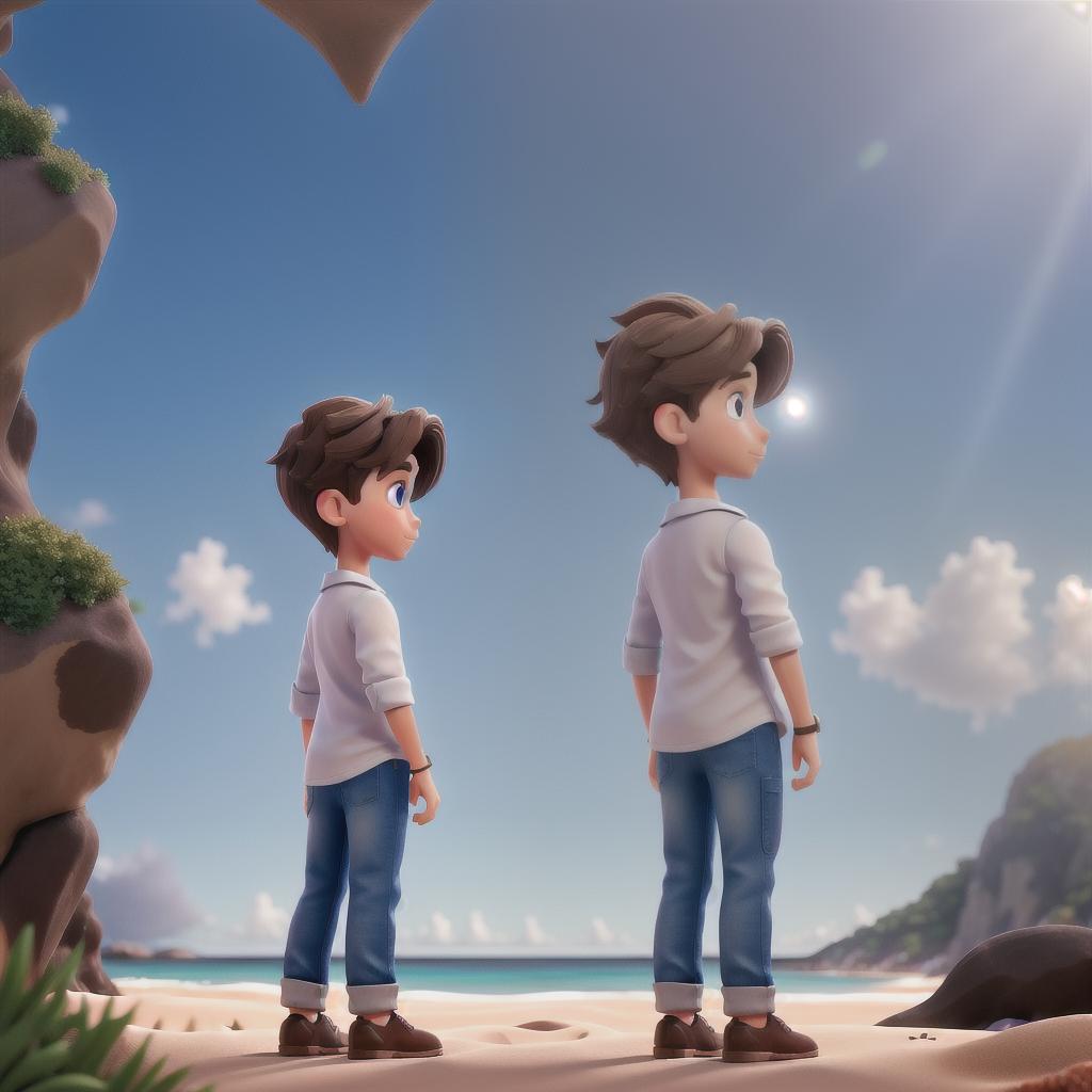  Cartoon drawn picture of a young boy with brown hair with his back facing the camera looking at the sunset from a beach with blue water 4k with a cartoon heart above his head hyperrealistic, full body, detailed clothing, highly detailed, cinematic lighting, stunningly beautiful, intricate, sharp focus, f/1. 8, 85mm, (centered image composition), (professionally color graded), ((bright soft diffused light)), volumetric fog, trending on instagram, trending on tumblr, HDR 4K, 8K