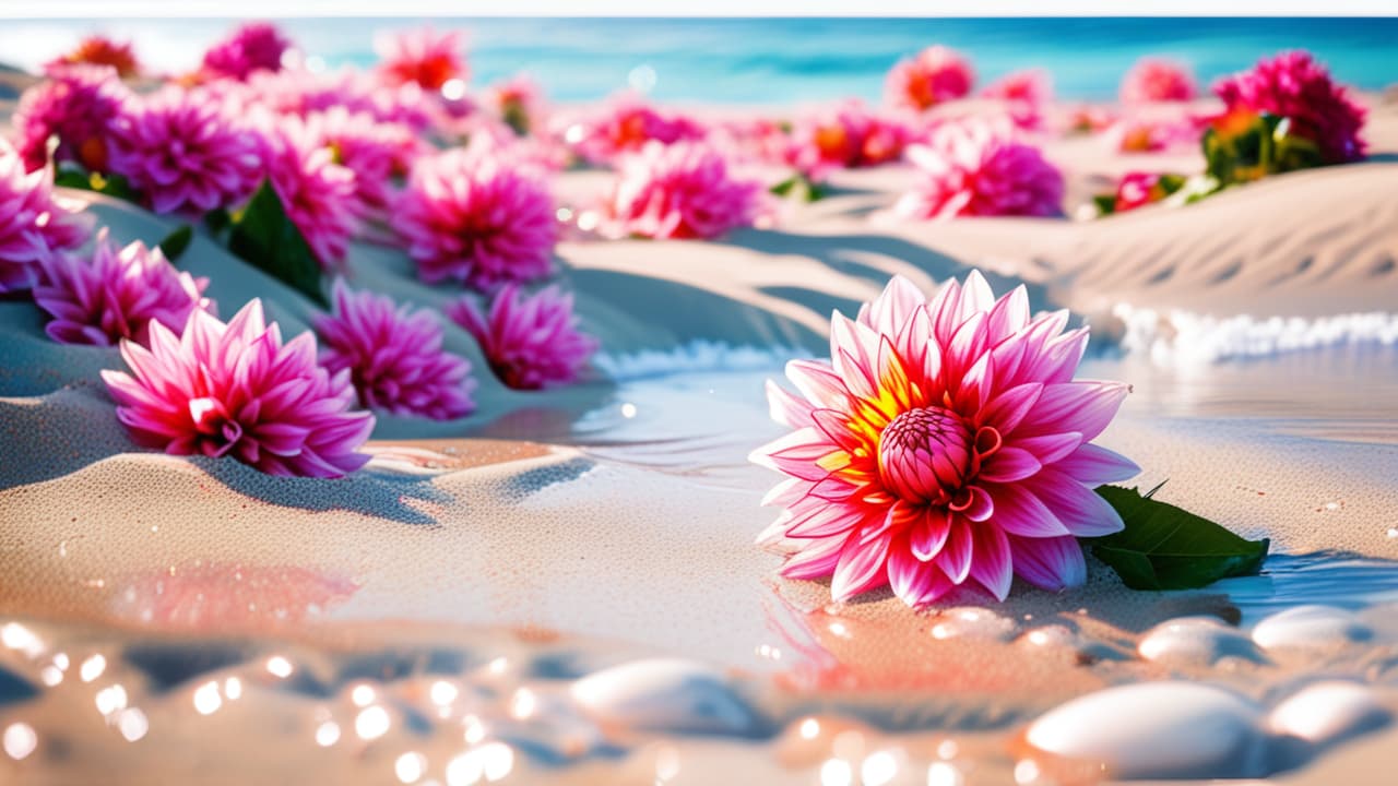  best quality, HD, Beach summer panoramic background with Dahlia flower on the cristal sand and glory water