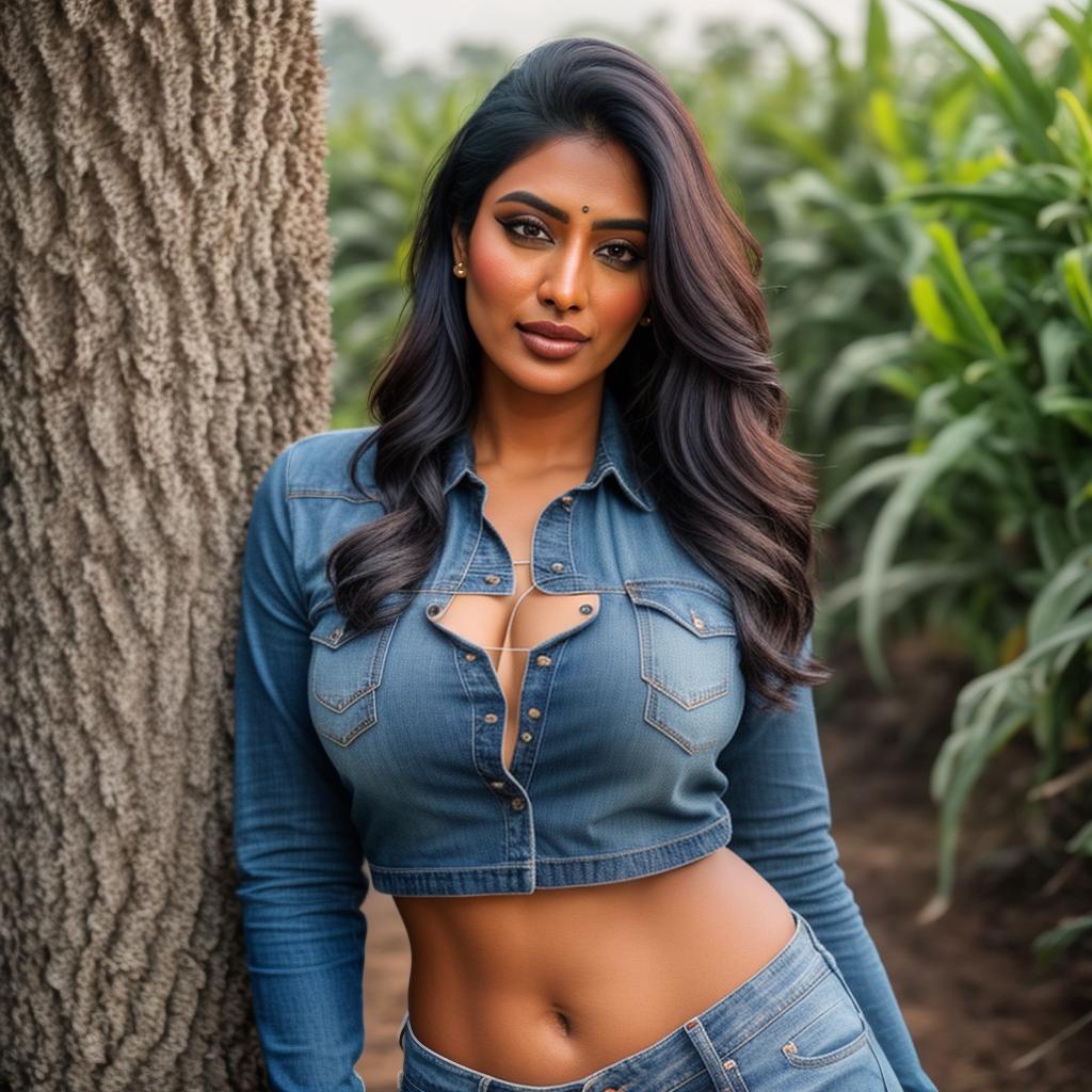  a beautiful indian girl in farm, jeans and tshirt hyperrealistic, full body, detailed clothing, highly detailed, cinematic lighting, stunningly beautiful, intricate, sharp focus, f/1. 8, 85mm, (centered image composition), (professionally color graded), ((bright soft diffused light)), volumetric fog, trending on instagram, trending on tumblr, HDR 4K, 8K