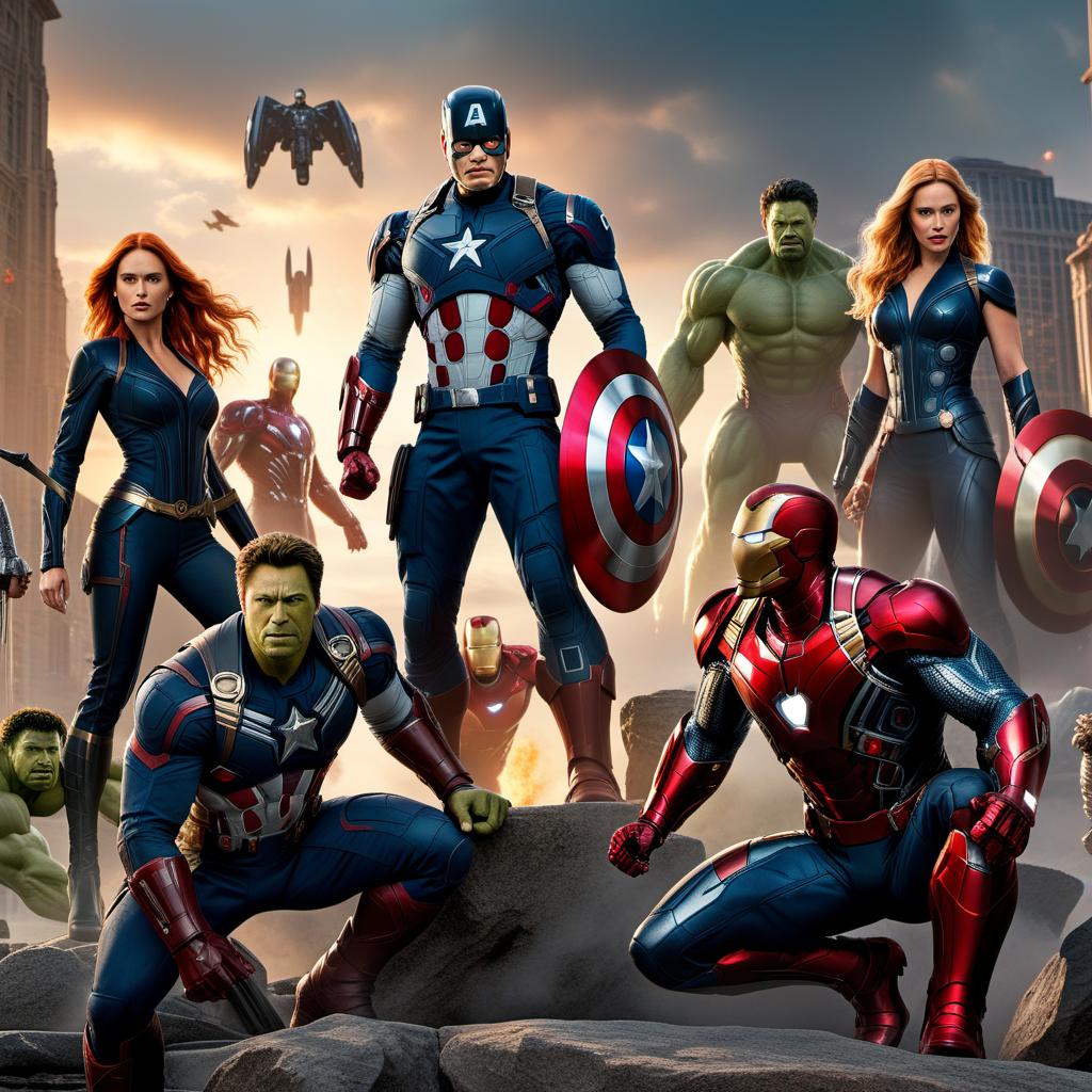  Text centered on the page reading 'M A R V E L' with a background showing various iconic Marvel characters like Iron Man, Captain America, Thor, Hulk, Black Widow, and Spider-Man in an action-packed and colorful scene. hyperrealistic, full body, detailed clothing, highly detailed, cinematic lighting, stunningly beautiful, intricate, sharp focus, f/1. 8, 85mm, (centered image composition), (professionally color graded), ((bright soft diffused light)), volumetric fog, trending on instagram, trending on tumblr, HDR 4K, 8K