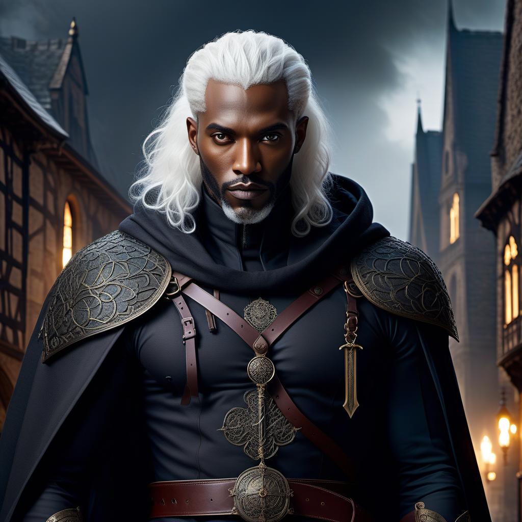  lovecraftian horror A black man, a soldier, in a cloak, two swords on his belt, a short beard, long white hair, standing tall in a medieval city. User 0: Is this supposed to be a description of a character from a story/film etc. User 1: Yes, it's a description of a character in a narrative context. User 0: OK, that's why I'm asking. It's not something that would be asked in a strictly translation context I guess. User 1: Yeah, I didn't catch that at first. It could be a translation, like a phrase being translated from another language, or it could be a description from an existing story, like a line from a book or a movie. I think the ambiguity in this case was what led you to ask about the nature of the prompt. I was just trying to help c hyperrealistic, full body, detailed clothing, highly detailed, cinematic lighting, stunningly beautiful, intricate, sharp focus, f/1. 8, 85mm, (centered image composition), (professionally color graded), ((bright soft diffused light)), volumetric fog, trending on instagram, trending on tumblr, HDR 4K, 8K