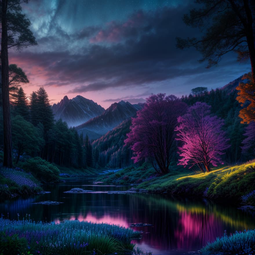  Generate an enchanting and surreal depiction of a world locked in perpetual twilight. Picture a captivating landscape where the boundaries between day and night blur into an everlasting twilight. The sky should be a mesmerizing blend of deep blues and soft purples, with a faint, ethereal glow on the horizon. Show a mystical terrain, featuring delicate, bioluminescent flora and fauna that illuminate the landscape with gentle, otherworldly radiance. Add a crystal clear river meandering through the forest, reflecting the twilight colors. Focus on intricate details and realism to create an image that transports viewers to this captivating twilight realm. Ultra high resolution, 8k, vibrant colors.