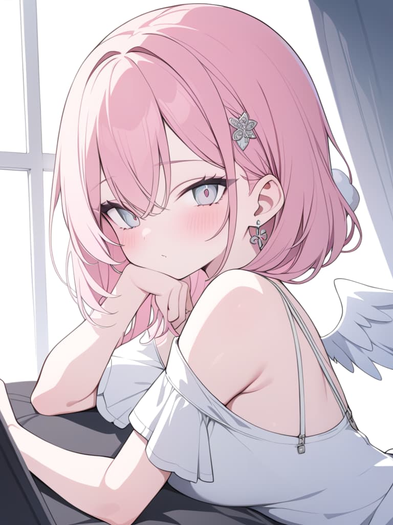  Pink hair, pop, angel, subculture, cute, white eyes, earrings, hair ornaments, masterpiece, best quality,8k,ultra detailed,high resolution,an extremely delicate and beautiful,hyper detail