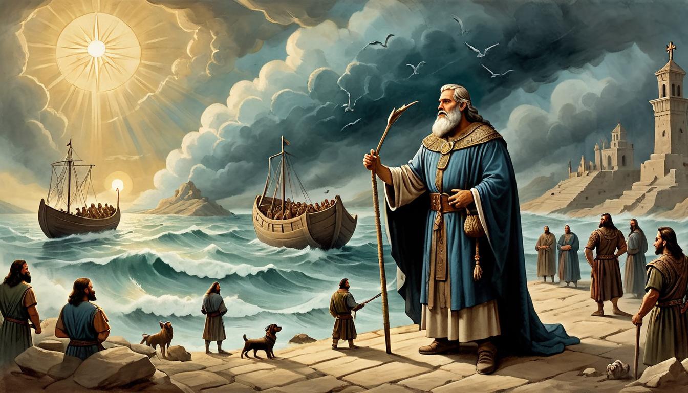  on parchment, surrealism+++, Noah’s family gathered around him, all in ancient attire, ark in the background, expressions of trust and hope, sun emerging after the storm, renewed faith, strength(mysterious, provocative, symbolic,muted color)+++