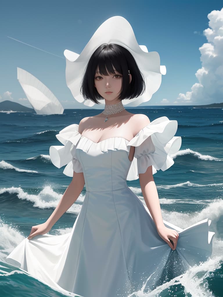  Back, black hair bob, white dress, sinking in the sea, masterpiece, best quality,8k,ultra detailed,high resolution,an extremely delicate and beautiful,hyper detail