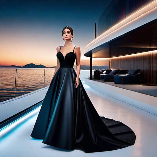  generate one princess who is standing on before some luxury yacht. and women should wear black princess gown hyperrealistic, full body, detailed clothing, highly detailed, cinematic lighting, stunningly beautiful, intricate, sharp focus, f/1. 8, 85mm, (centered image composition), (professionally color graded), ((bright soft diffused light)), volumetric fog, trending on instagram, trending on tumblr, HDR 4K, 8K