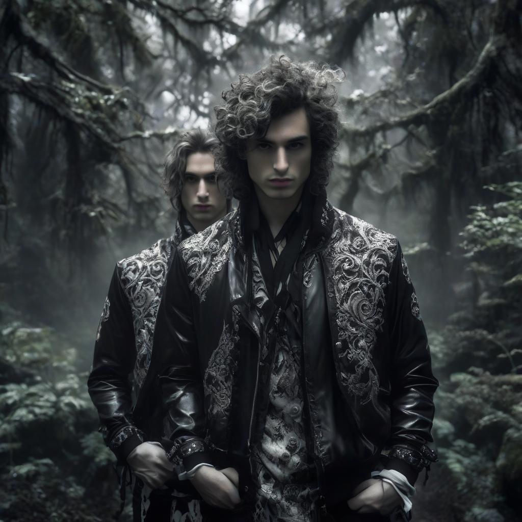  gothic style A jacket for a track in a black and white style, one boy with curly hair ties, another boy with straight hair ties on the same one. . dark, mysterious, haunting, dramatic, ornate, detailed, FILM PHOTOGRAPHY STYLE hyperrealistic, full body, detailed clothing, highly detailed, cinematic lighting, stunningly beautiful, intricate, sharp focus, f/1. 8, 85mm, (centered image composition), (professionally color graded), ((bright soft diffused light)), volumetric fog, trending on instagram, trending on tumblr, HDR 4K, 8K