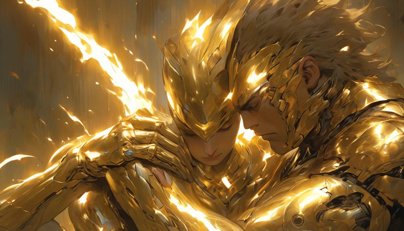  hyperrealism,fantasy aestheticA healer, depicted as a figure with gentle eyes, placing hands over an injured person, golden light flowing from the hands, nurturing, healing, compassion., high tech clothing clad in sleek, futuristic costume with metallic accents and form fitting designs, marvel superhero comics style, unreal engine rendering