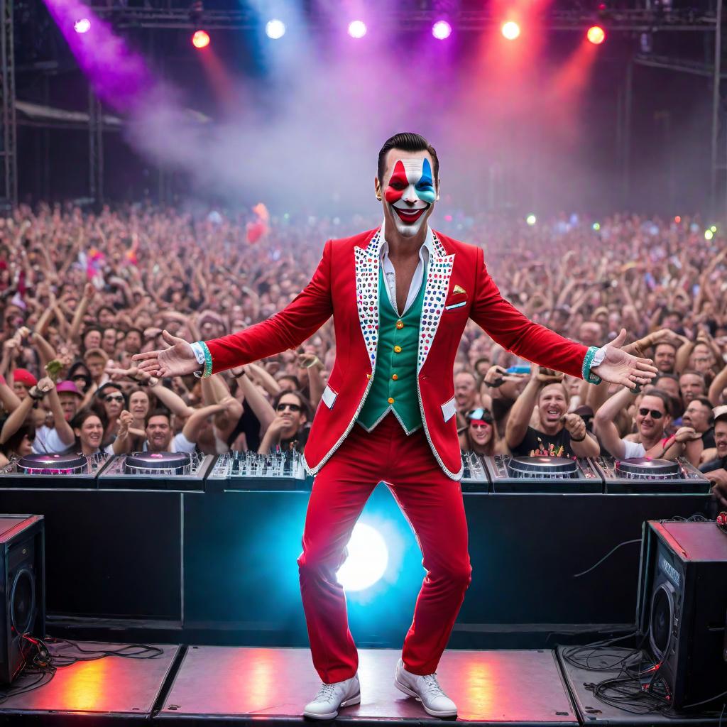  DJ Tiesto playing at a festival, wearing a clown suit. The stage is vibrant with colorful lights, and the audience is energetic and cheering. Tiesto's attire includes bright colors and typical clown elements like a red nose and oversized shoes. The festival setting is lively and packed with people enjoying the music. hyperrealistic, full body, detailed clothing, highly detailed, cinematic lighting, stunningly beautiful, intricate, sharp focus, f/1. 8, 85mm, (centered image composition), (professionally color graded), ((bright soft diffused light)), volumetric fog, trending on instagram, trending on tumblr, HDR 4K, 8K