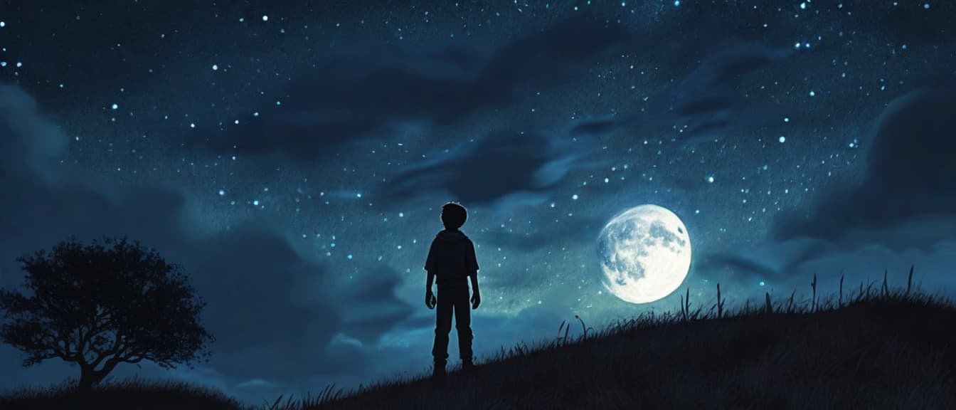  best quality, HD, A striking silhouette of a boy framed by the vast, starry night sky, with a brilliant full moon illuminating the scene. The boy stands on a hill, the contours of his figure sharply defined against the moonlit sky. The stars shimmer with an almost magical quality, and the moon's light creates a peaceful, enchanting mood. sharp contrast magical realism moonlit landscape detailed sky