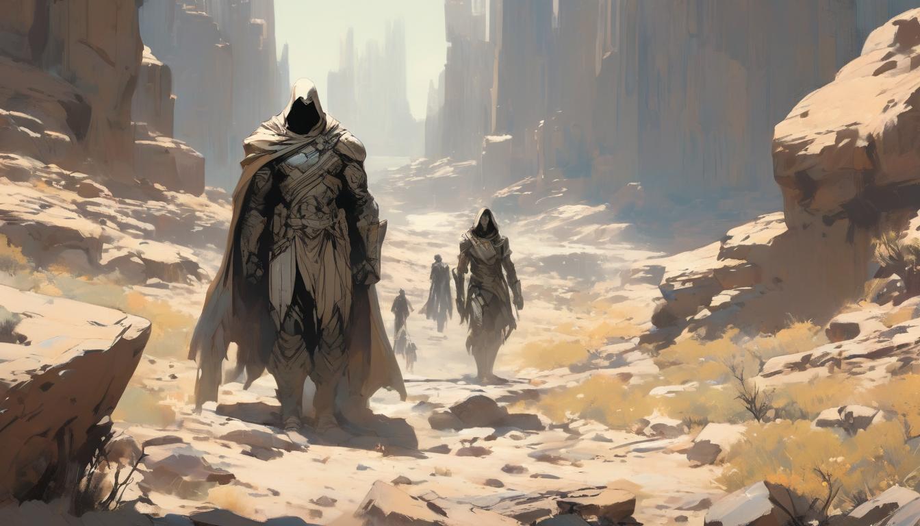  hyperrealism,fantasy aestheticAncient travelers on a rugged path, weathered faces, worn clothing, anticipation in their eyes, harsh sun above, rocky terrain, pilgrimage, determination, high tech clothing clad in sleek, futuristic costume with metallic accents and form fitting designs, marvel superhero comics style, unreal engine rendering