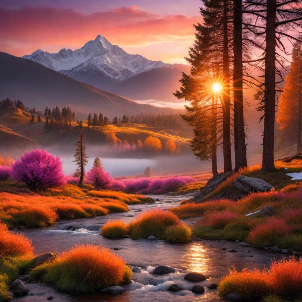  A brilliant western sunset, with snow-capped mountains in the distance. The sky is ablaze with shades of orange, pink, and purple, while the snow on the mountain tops glistens under the fading light. The foreground should have a mix of grassy plains and sparse trees, adding depth to the scene. The atmosphere should be serene and majestic, capturing the essence of a peaceful sunset in a mountainous region. hyperrealistic, full body, detailed clothing, highly detailed, cinematic lighting, stunningly beautiful, intricate, sharp focus, f/1. 8, 85mm, (centered image composition), (professionally color graded), ((bright soft diffused light)), volumetric fog, trending on instagram, trending on tumblr, HDR 4K, 8K