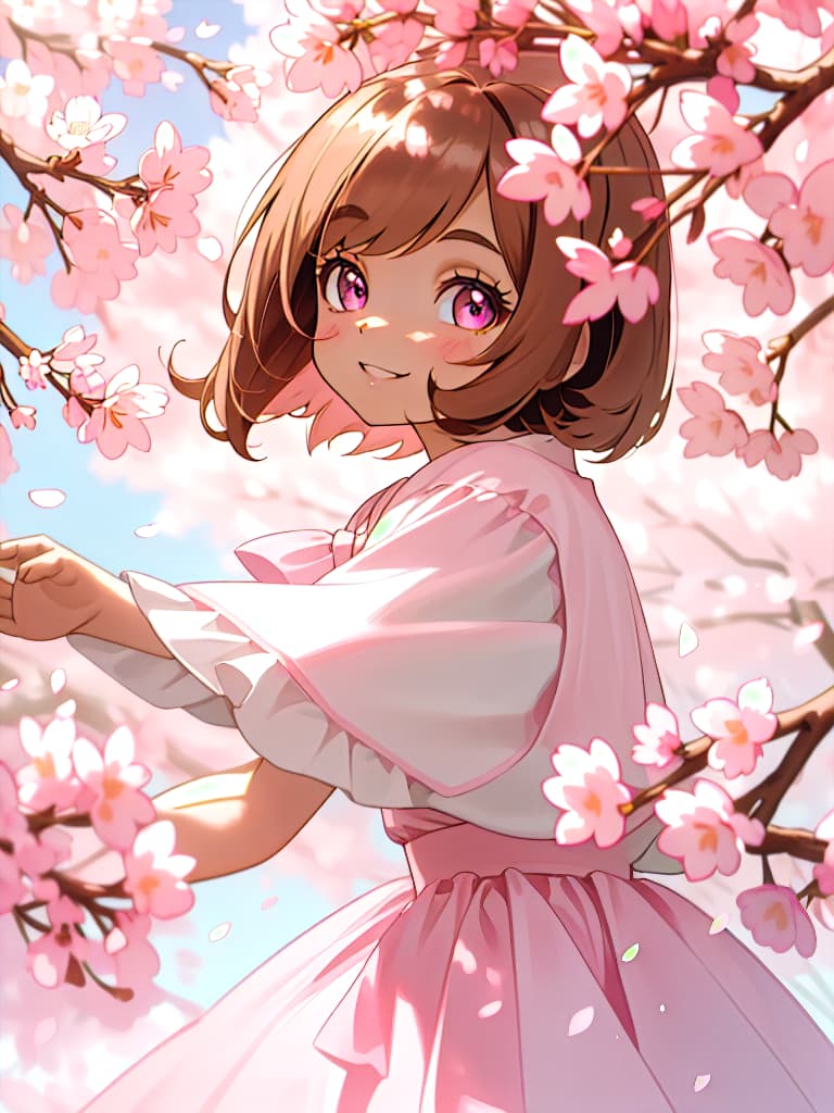  ((Bob Hair, Light Brown Hair, Light Pink Eyes, Big Eyes, Smiling)), (Pink and White Dress, Pink Ribbon, Cherry Blossoms, Spring), look back pose,, masterpiece, best quality,8k,ultra detailed,high resolution,an extremely delicate and beautiful,hyper detail