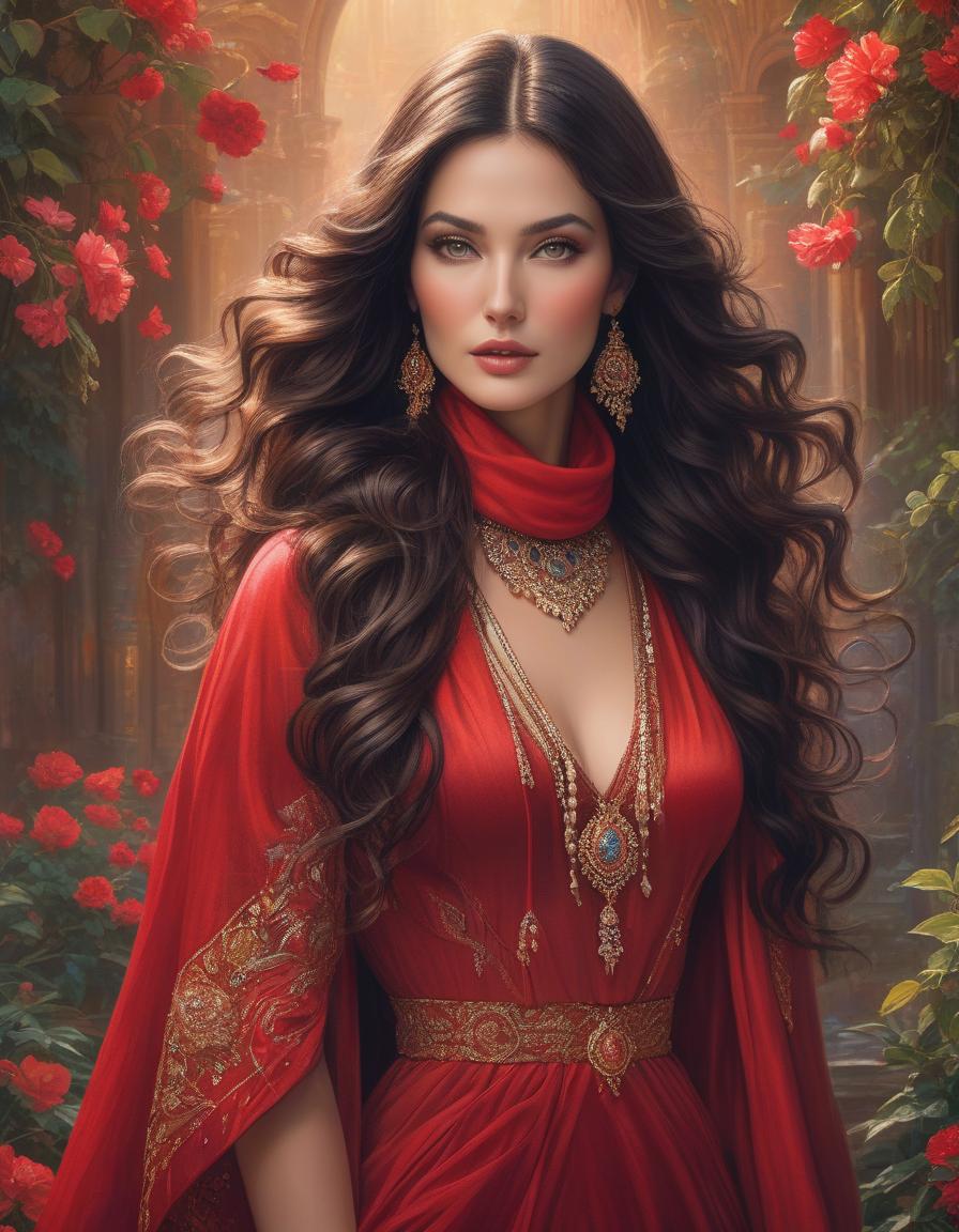  This portrait showcases a woman with a captivating presence, her long dark hair styled in loose waves. She wears a stunning red dress that hugs her figure, and a flowing scarf that adds a touch of drama to the overall image. The intricate jewelry she wears adds a touch of glamour to the already stunning portrait. , insanely detailed, fantasy, in the style of Josephine Wall, Gustav Klimt, Nikon D850 digital painting ultra realistic extremely detailed fantasy 8k oil on canvas cinematic lighting very attractive, beautiful imperial colors hyperrealistic, ultra detailed crisp quality cinematic postprocessing hyperrealistic, full body, detailed clothing, highly detailed, cinematic lighting, stunningly beautiful, intricate, sharp focus, f/1. 8, 85mm, (centered image composition), (professionally color graded), ((bright soft diffused light)), volumetric fog, trending on instagram, trending on tumblr, HDR 4K, 8K