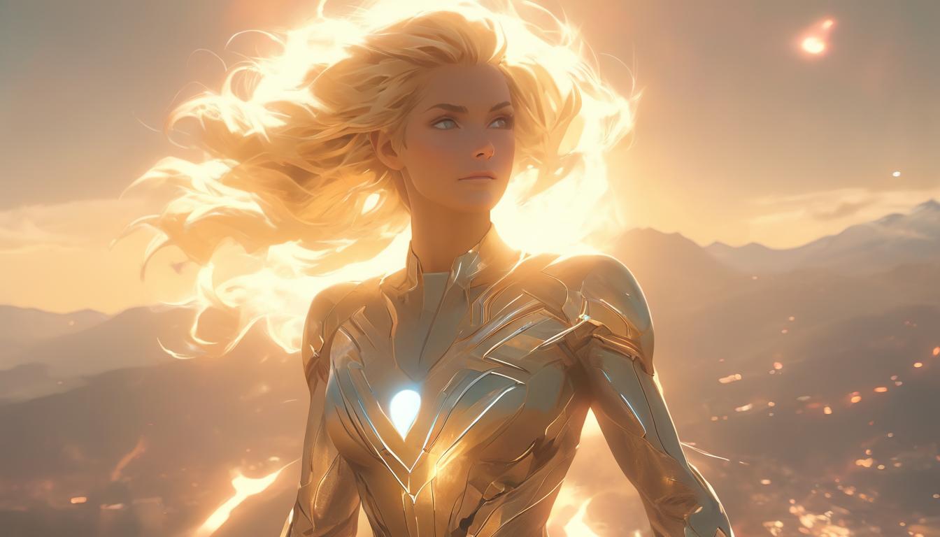  hyperrealism,fantasy aesthetic1woman, large busted attractive blonde arian female humanoid, standing on a mountaintop, beams of light radiating from her heart, celestial sky, high tech clothing clad in sleek, futuristic costume with metallic accents and form fitting designs, marvel superhero comics style, unreal engine rendering