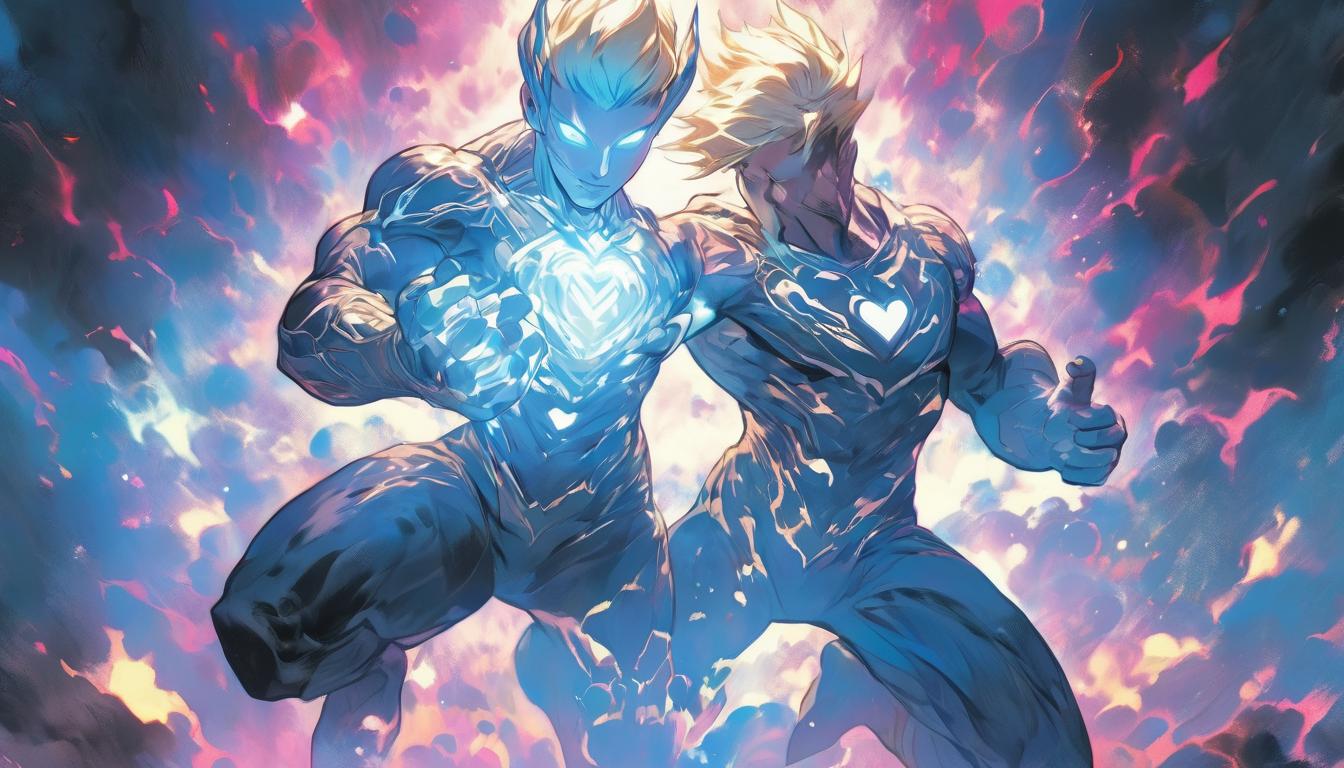  hyperrealism,fantasy aesthetic1man, attractive blonde male humanoid, heart and crown chakras glowing, open and receptive posture, cosmic light entering his body, high tech clothing clad in sleek, futuristic costume with metallic accents and form fitting designs, marvel superhero comics style, unreal engine rendering