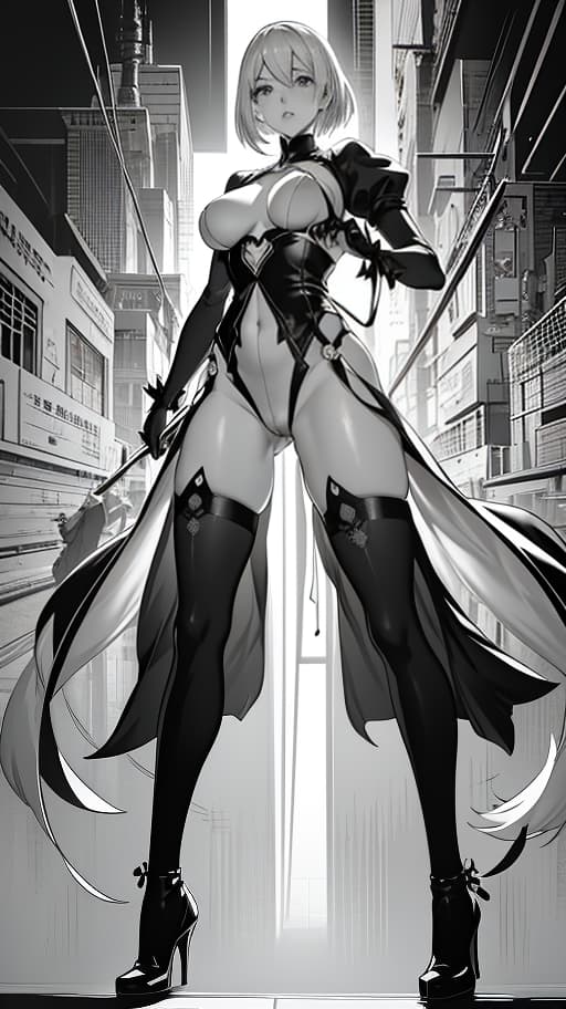  Anime Style, Manga Style,Nier automata, (Manga Style, Yusuke Murata, Satoshi Kon, Ken Sugimori, Hiromu Arakawa), Pencil drawing, (B&W:1.2), Low detail, sketch, concept art, Anime style, line art, webtoon, manhua, chalk, hand drawn, defined lines, simple shades, simplistic, manga page, minimalistic, High contrast, Precision artwork, Linear compositions, Scalable artwork, Digital art, High Contrast Shadows hyperrealistic, full body, detailed clothing, highly detailed, cinematic lighting, stunningly beautiful, intricate, sharp focus, f/1. 8, 85mm, (centered image composition), (professionally color graded), ((bright soft diffused light)), volumetric fog, trending on instagram, trending on tumblr, HDR 4K, 8K