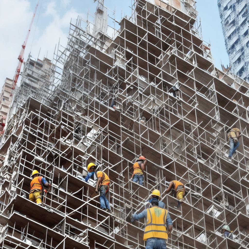  hombres trabajando en la construcción de un edificio de altura con maquinaria pesada de carga