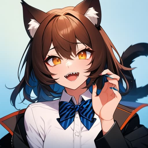  masterpiece, best quality, 1, solo, animal ears, bow, teeth, jacket, tail, open mouth, brown hair, orange background, bowtie, orange nails, simple background, cat ears, orange eyes, blue bow, animal ear fluff, cat tail, looking at viewer, upper body, shirt, uniform, hood, striped bow, striped, white shirt, black jacket, blue bowtie, fingernails, long sleeves, cat , bangs, fangs, collared shirt, striped bowtie, short hair, tongue, hoodie, sharp teeth, facial mark, claw pose hyperrealistic, full body, detailed clothing, highly detailed, cinematic lighting, stunningly beautiful, intricate, sharp focus, f/1. 8, 85mm, (centered image composition), (professionally color graded), ((bright soft diffused light)), volumetric fog, trending on instagram, trending on tumblr, HDR 4K, 8K