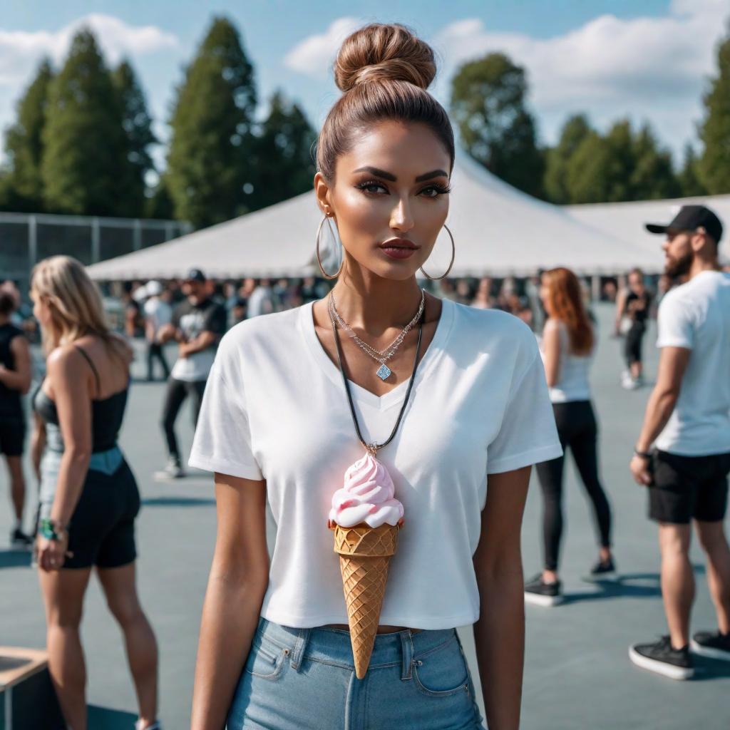  Beautiful female model wearing a diamond clustered ice cream cone pendant at a skatepark hyperrealistic, full body, detailed clothing, highly detailed, cinematic lighting, stunningly beautiful, intricate, sharp focus, f/1. 8, 85mm, (centered image composition), (professionally color graded), ((bright soft diffused light)), volumetric fog, trending on instagram, trending on tumblr, HDR 4K, 8K