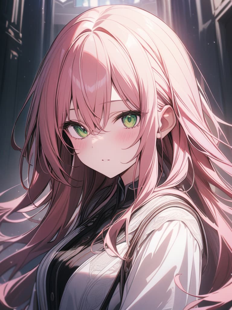  Pink hair, long hair, white dress, eyes are green, masterpiece, best quality,8k,ultra detailed,high resolution,an extremely delicate and beautiful,hyper detail