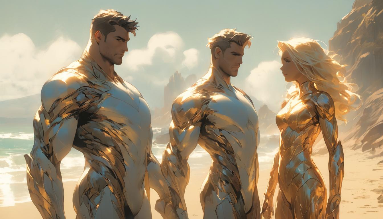  hyperrealism,fantasy aesthetic1man1woman, attractive arian male humanoid and large busted arian female humanoid, standing on a beach, faces illuminated by sunlight, mood of purity and undisturbed reflection, high tech clothing clad in sleek, futuristic costume with metallic accents and form fitting designs, marvel superhero comics style, unreal engine rendering