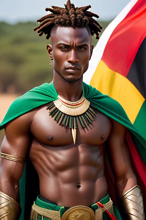  Young African aged 15, very beautiful with black superhero costume, long cape in the colors of the flag of Kenya red green black white, Afro dreadlocks, herd of zes and savannah in the background, determined look, very beautiful, brown eyes, almond shaped eyes, small s, beautiful smile hyperrealistic, full body, detailed clothing, highly detailed, cinematic lighting, stunningly beautiful, intricate, sharp focus, f/1. 8, 85mm, (centered image composition), (professionally color graded), ((bright soft diffused light)), volumetric fog, trending on instagram, trending on tumblr, HDR 4K, 8K