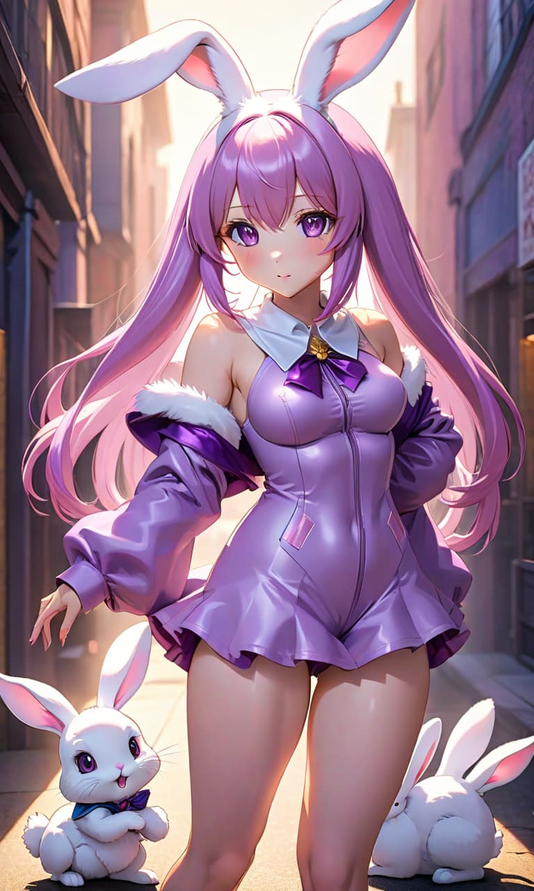  anime artwork A furry rabbit girl with pale violet colored ears, pinkish purple hair reaching the shoulders, and a purple colored rabbit tail in a cute rabbit costume shining through. . anime style, key visual, vibrant, studio anime, highly detailed hyperrealistic, full body, detailed clothing, highly detailed, cinematic lighting, stunningly beautiful, intricate, sharp focus, f/1. 8, 85mm, (centered image composition), (professionally color graded), ((bright soft diffused light)), volumetric fog, trending on instagram, trending on tumblr, HDR 4K, 8K